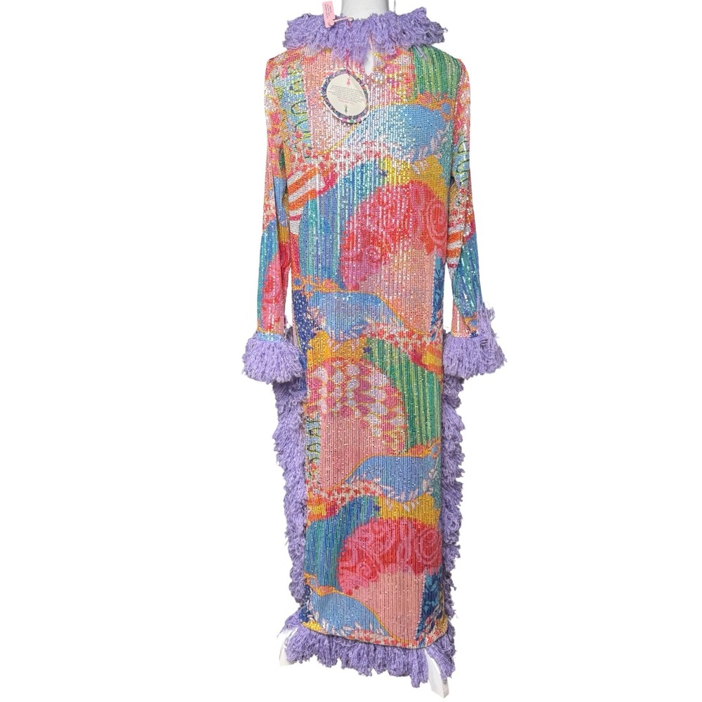 Celia B Raffaella Sequin Fringe Maxi Dress Colorful Statement Size S - Picture 4 of 8